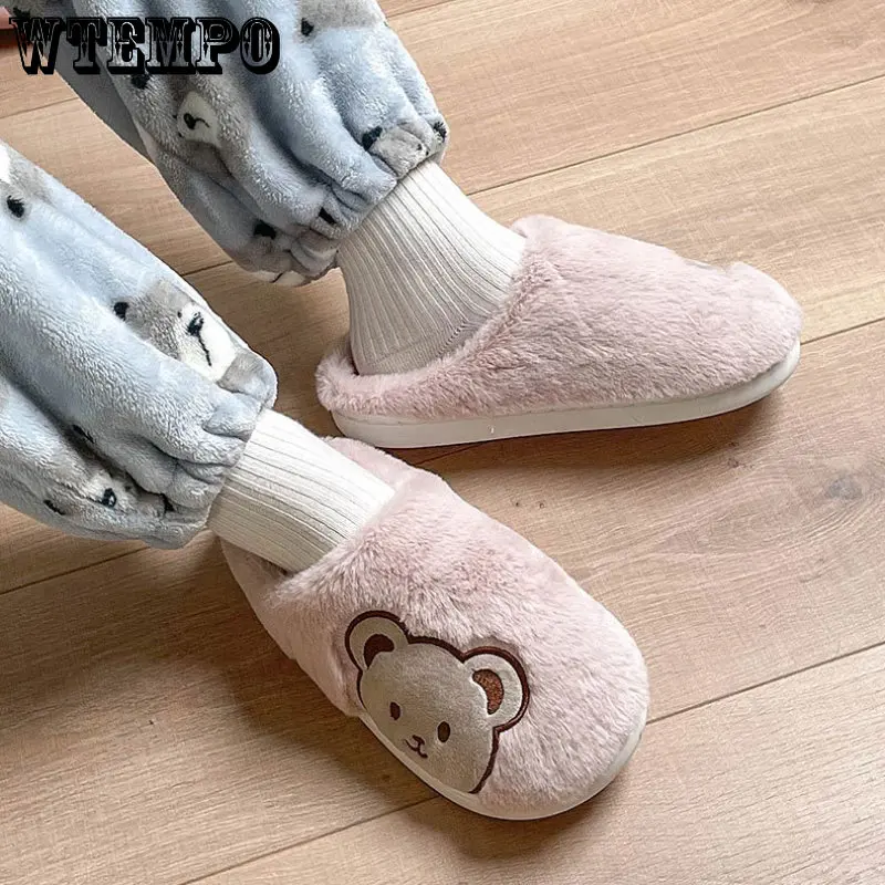 WTEMPO Cute Slippers Cartoon Bear Slides Non-Slip Winter Plush Slippers Couple Cotton Slippers Indoor Warm Shoes Wholesale