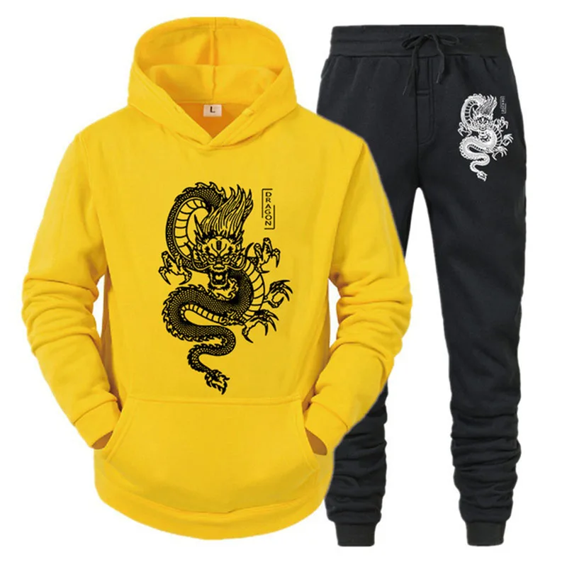 Men Tracksuit Set Hoodie+Pant 2023 Autumn Dragon Print Casual  Sweatshirt Sportwear Homme Streetwear Men Clothing Free Shipping