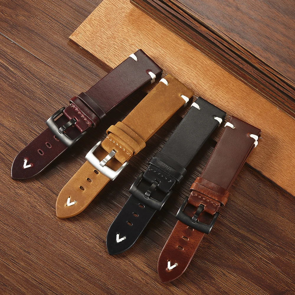 Leather Watch Strap Retro 18mm 20mm 22mm Oil Wax Leather Watchband Italian Quick Release Brown Cowhide Watch Bracelet Handmade