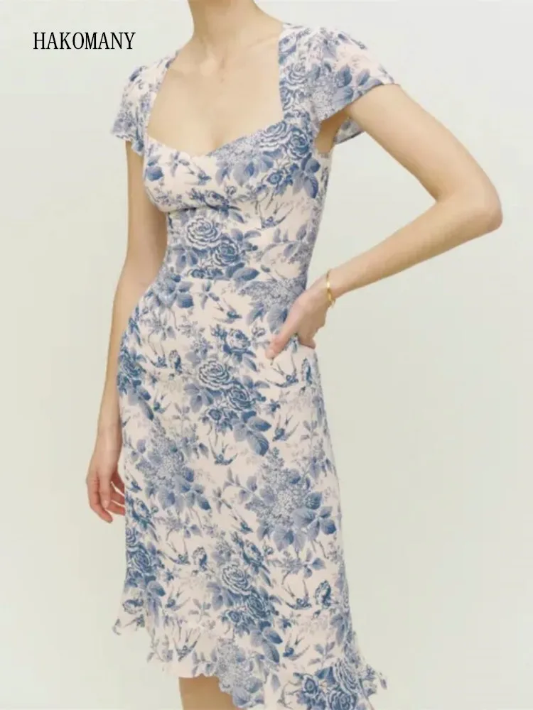 

Женское платье с вырезами на спине, праздничное платье миди во французском ретро-стиле с коротким рукавом и квадратным вырезом, голубое и бе...