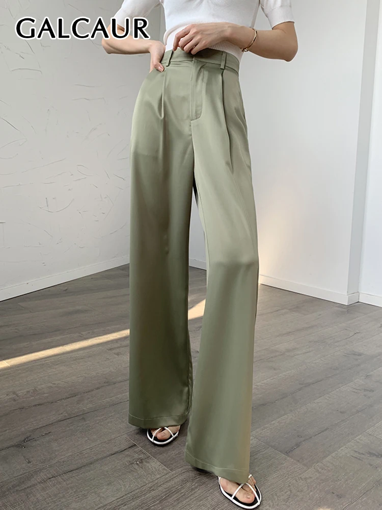

GALCAUR Straight Wide Leg Trouser For Women Gathered Waist Solid Long Trousers Female Casual Fashion Clothing 2022 Autumn Style