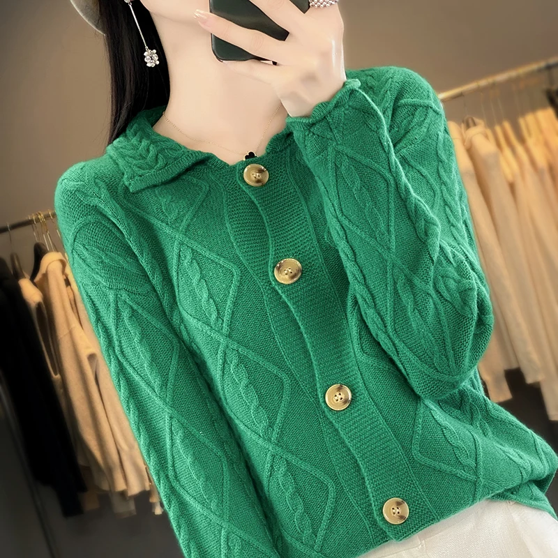 Повседневный теплый женский кардиган LDZWSM из 100% чистой шерсти с отворотом