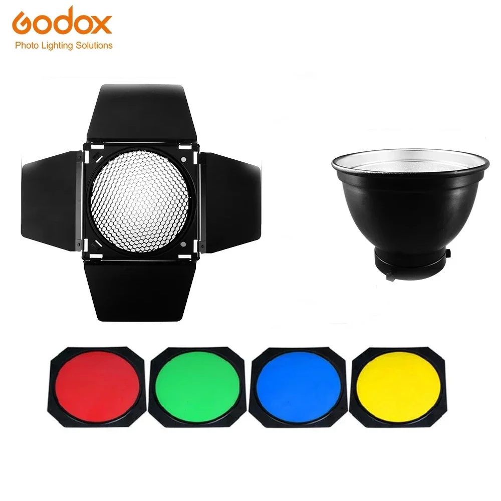 Фото Godox BD-04 Стандартный отражатель двери сарая + сотовая сетка + 4-цветный фильтр для вспышки для стандартного отражателя Bowen DE300 SK300 №1