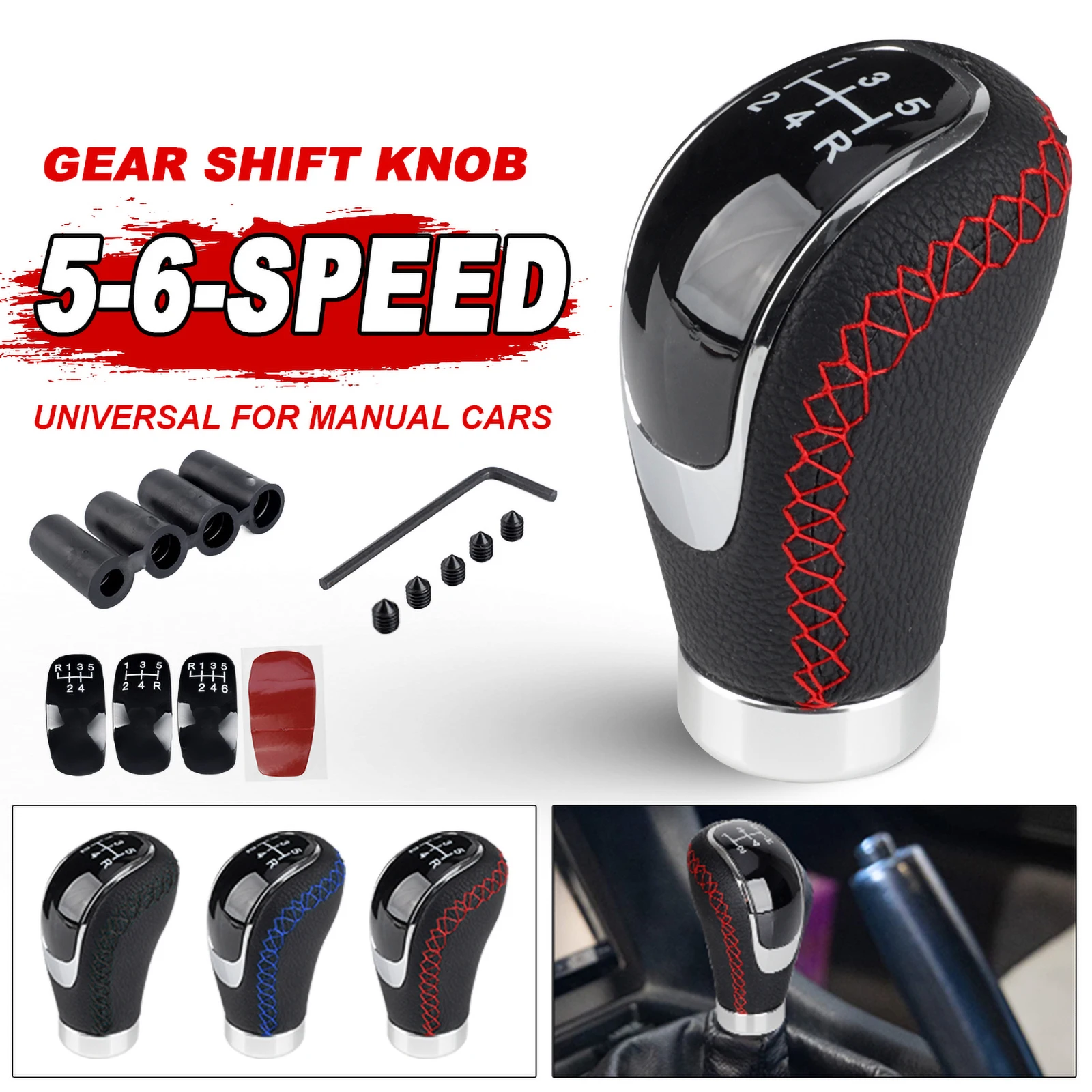 

Universal 5/6 Speed Manual Leather Red Stitch Gear Shift Knob Car Gear Stick Shift Knob Lever Manual Transmission M8 M10 M11 M12