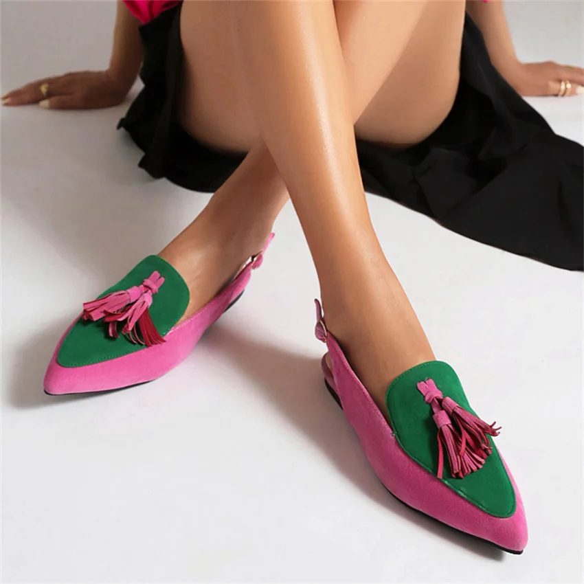Casual Women Sandals 2023 New Suede Back Empty Low Heel Pointe Tassel Mixed Colors Female Shoes 43 Size Dropshopping