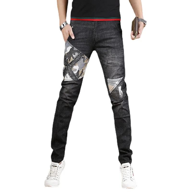 Camouflage Patchwork Black Jeans Men Summer Streetwear Regular Straight Pants Korean Style Casual Stretch Denim Trousers