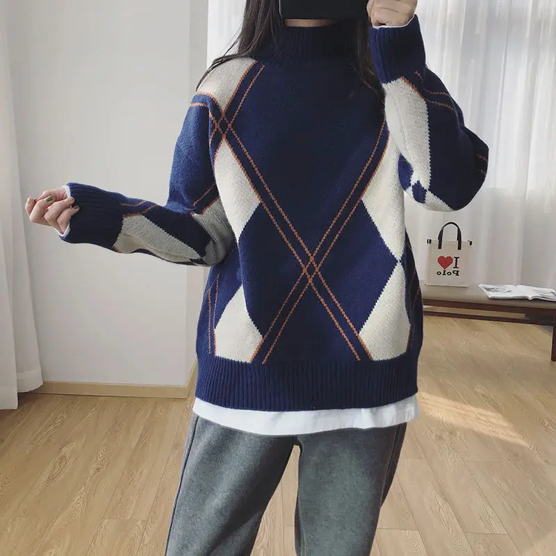 

Autumn and Winter New Diamond Lattice Pullover Sweater Loose Half Turtleneck Long Sleeve Knitted Sweater Women's Clothing