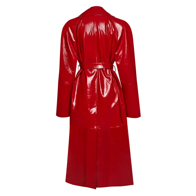 Модная красная ветровка из овчины длиной до колена двубортное стильное женское