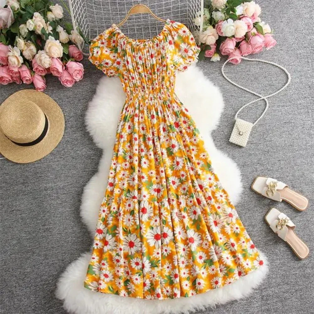 

Women's Off The Shoulder Dresses Short Sleeve Casual Summer Floral Party A Line Midi Dress Female Print Dresses