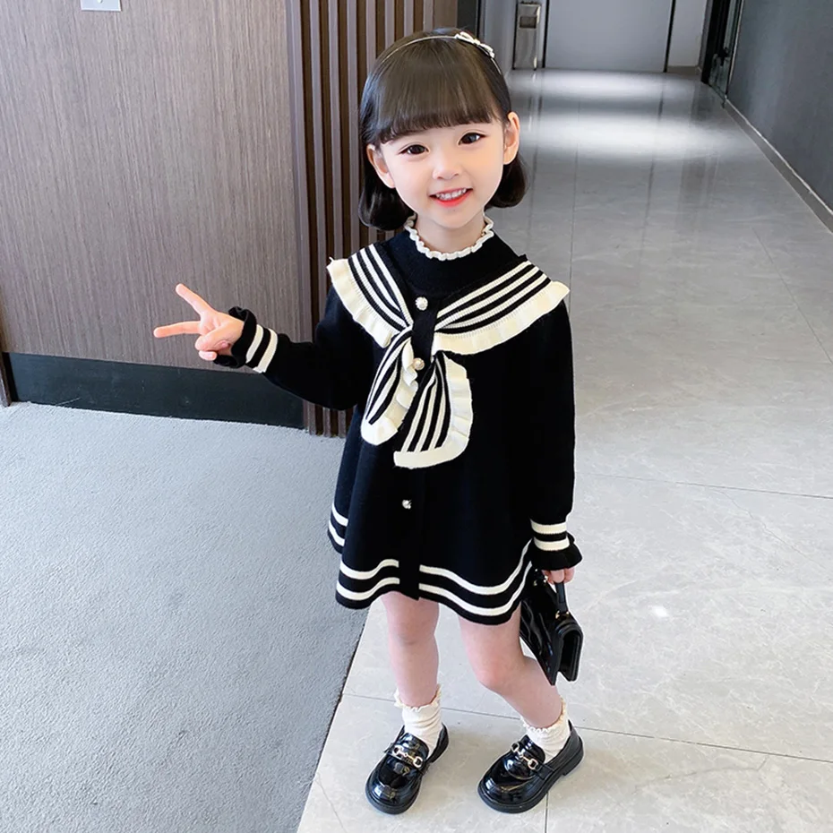 Платье-свитер для девочек вязаное платье в полоску повседневные стильные