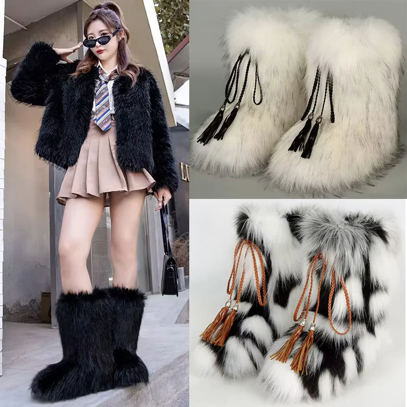 2024 женские зимние новые цветные ботинки на меху модные с кисточками толстые