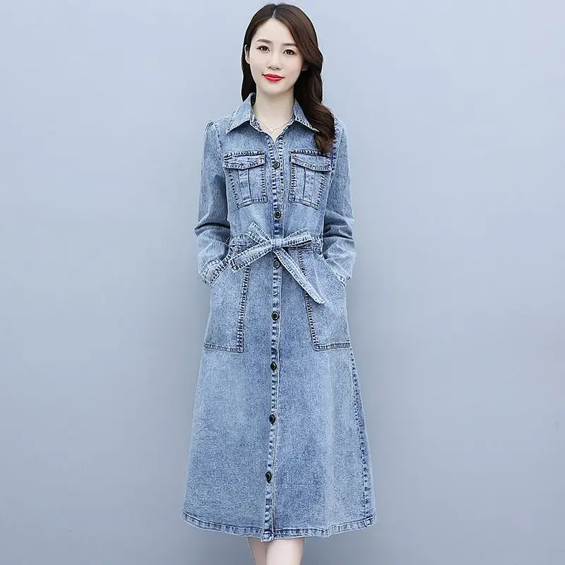 

Mid-Length Denim Shirt Dress 2022 Spring Autumn Fashion Women's Clothing Korean Slim Long Sleeve Sashes Jeans Female Robes H1103