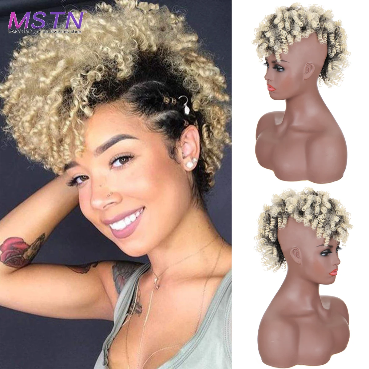 

MSTN Synthetic High Puff Afro Ponytail with Bangs Short Kinky Curly Ponytail Clip in Hair Extension For Women Pony Tail Bun Hair