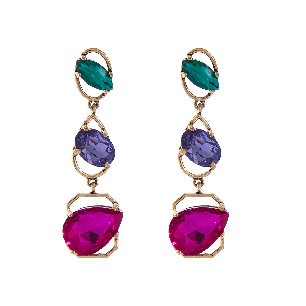 

Elegant Gold Long Drop Earring Handmade Shiny Rhinestones Fuchsia Earrings Women Bridal Wedding Jewelry