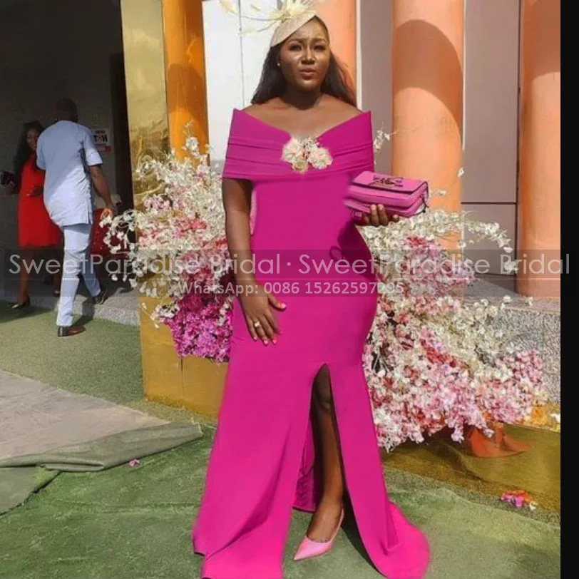 

Hot Pink Mermaid Bridesmaid Dresses With Appliques Off Shoulder Side Split Trumpet Long Prom Dress Party Maid Of Honor