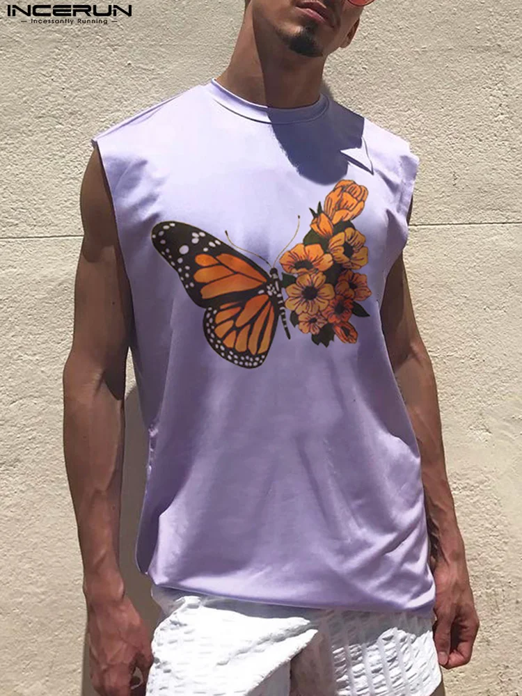 

American Style New Men's Stylish Loose Waistcoat Simple Holiday Male Butterfly Printing Sleeveless Vests S-5XL INCERUN Tops 2022