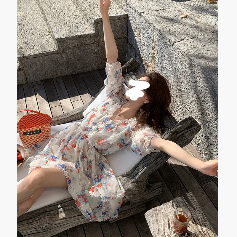 

Женское платье с V-образным вырезом и цветочным принтом, 062