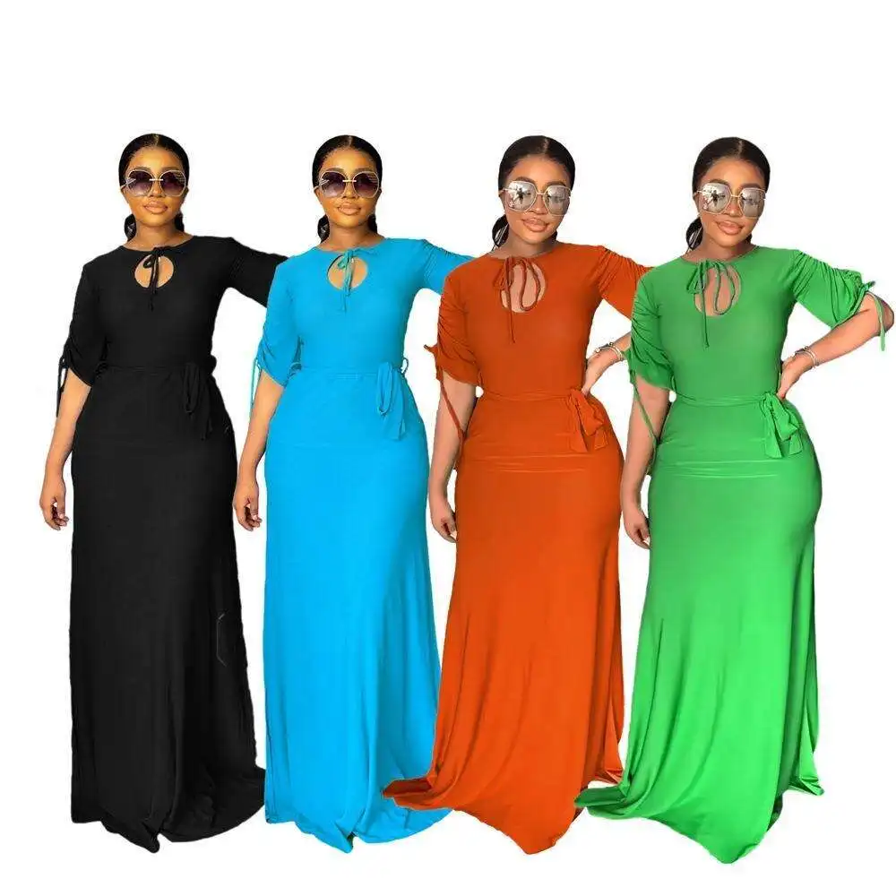 

Pure Color Medium Long Sleeves Elegant High Split Womens Drawstring Dress