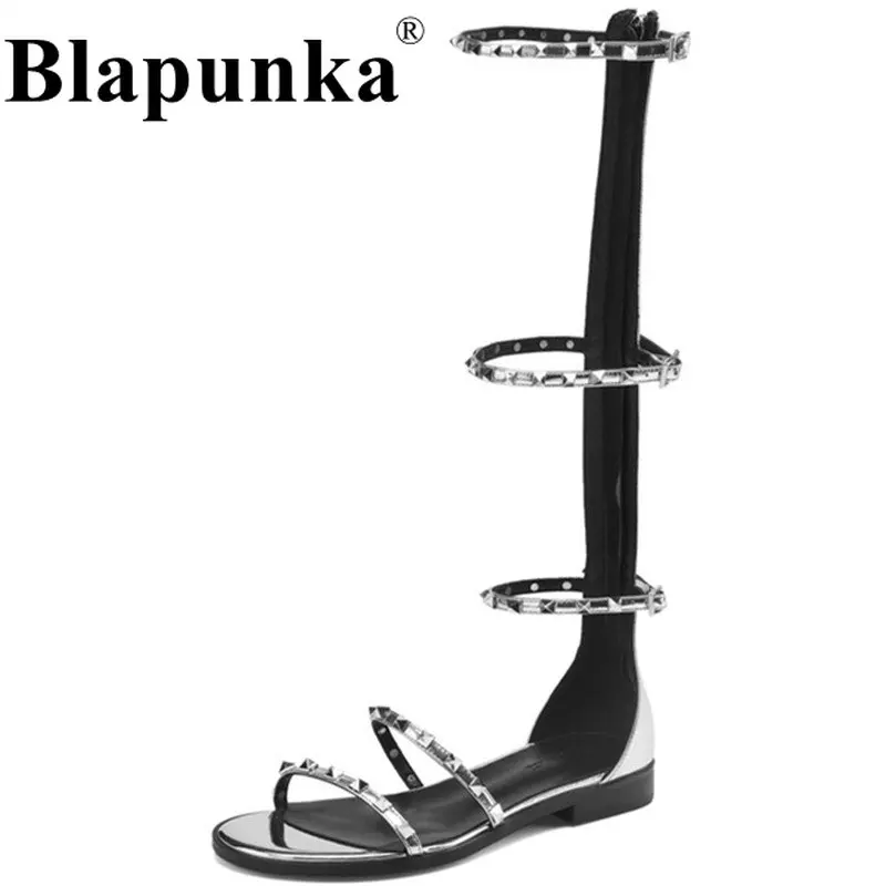 

Blapunka Punk Studs Gladiator Sandals Women Rome Style Silver Kneehigh Summer Boots Ladies Multi-buckle Zipper Sandal 34-43 Shoe
