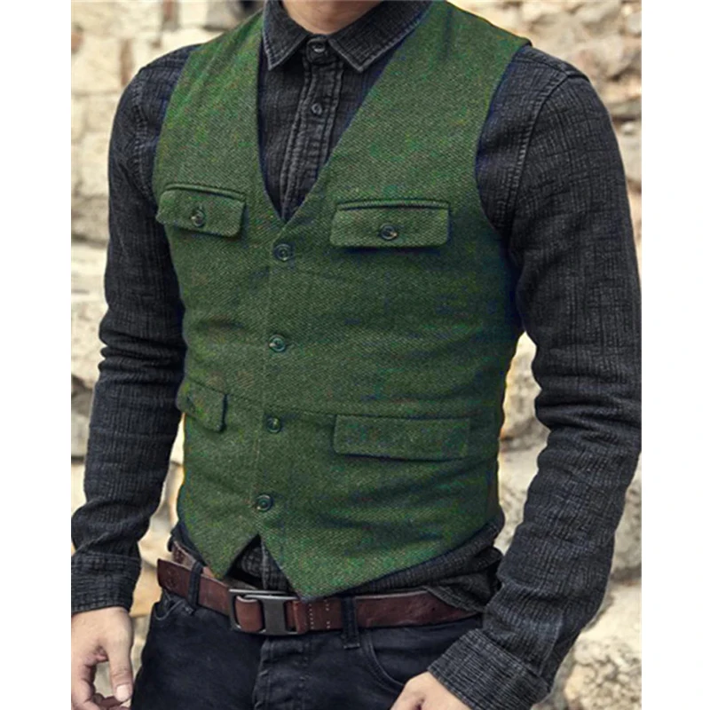 Men's Suit Vest Brown Burgundy Herringbone Wool Tweed Vintage Steampunk Waistcoat Formal Business Vests for Men Wedding 2022 images - 6