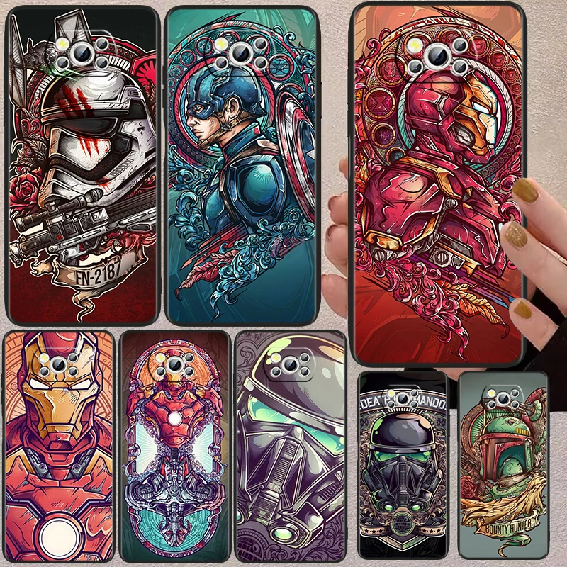 

Captain America Iron Man Black Phone Case For Xiaomi Mi Poco X5 X3 Pro X4 F4 F3 GT M5 M5s M4 M3 C55 C50 C40 5G