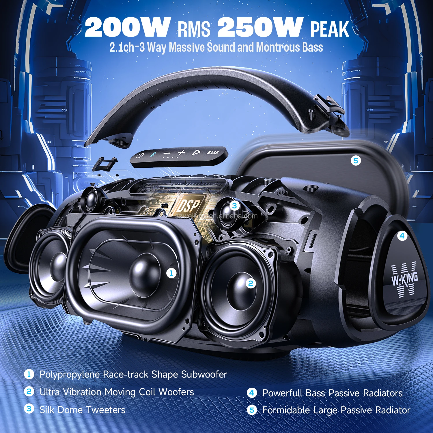 Фото Портативная беспроводная колонка W-KING 200W с технологией XBass, водонепроницаемостью IP67, 24-часовым временем работы, поддержкой TWS, быстрой зарядкой и опциональным беспроводным микрофоном №3