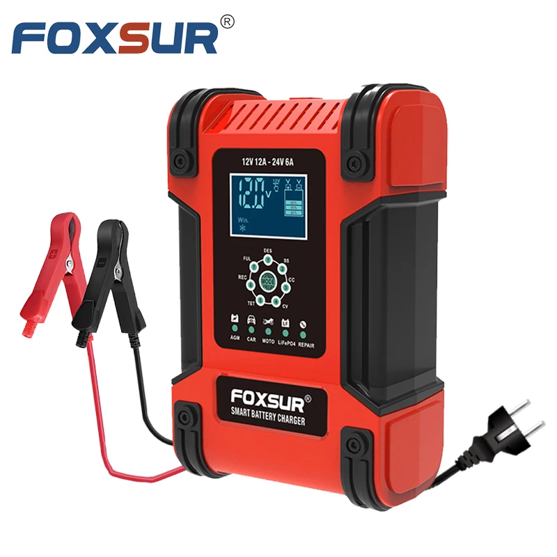 FOXSUR 12V 12A Automotive Smart Battery Charger 24V Cars Motorcycle Truck Boat LiFePO4 AGM GEL Lithium Lead Acid Fast Desulfator