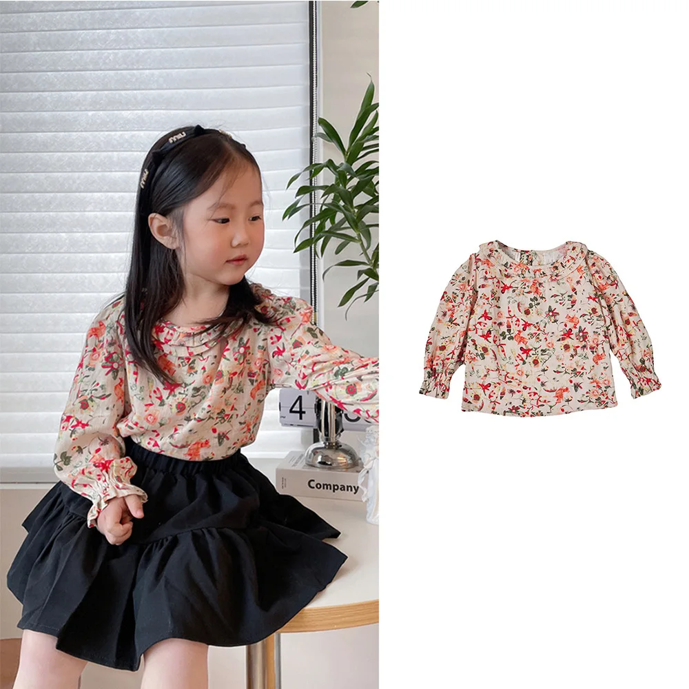 

Autumn 2023 New Kids Girls Shirts Blouses Cute Printed Bubble Sleeve Children Bottoming Shirt Lace Top 톰브라운