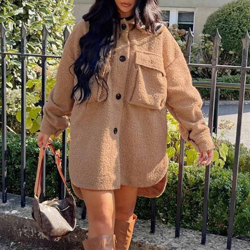 Pure Color Warm Faux Fur Pocket Lamb Wool Single-breasted Temperament Jacket Women Autumn and Winter Street Style New Jacket