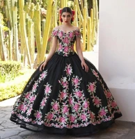 charro black embroidery quinceanera dresses mexican sweet 16 birthday party gowns off the shoulder prom dress xv vestido de 15