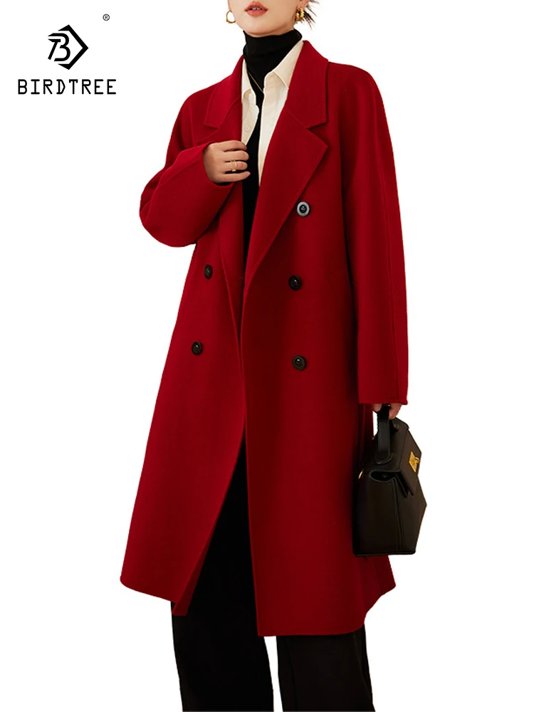 

Рождественское красное пальто для женщин, 10% кашемир, 90% шерсть, Осень-зима 2023, длинное двубортное шерстяное элегантное пальто C39537QC