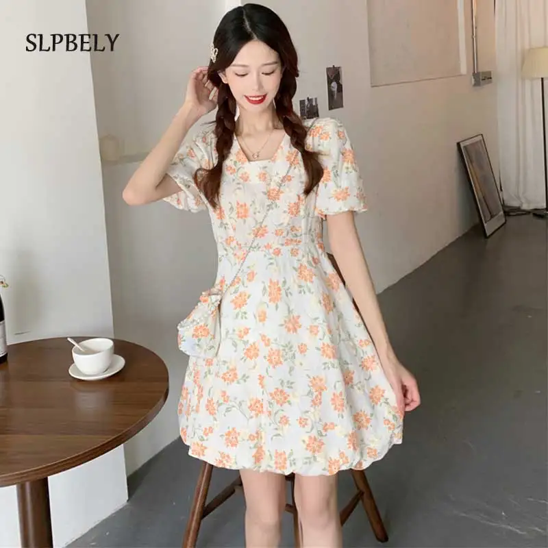 

Женское платье с цветочным принтом SLPBELY, летнее модное винтажное мини-платье трапециевидной формы с V-образным вырезом, пышными рукавами и в...
