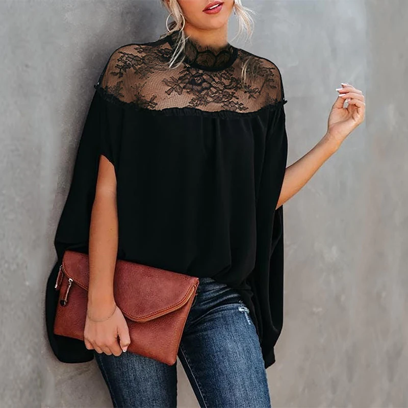 Новинка 2022 женская футболка с кружевными вставками и рукавом летучая мышь