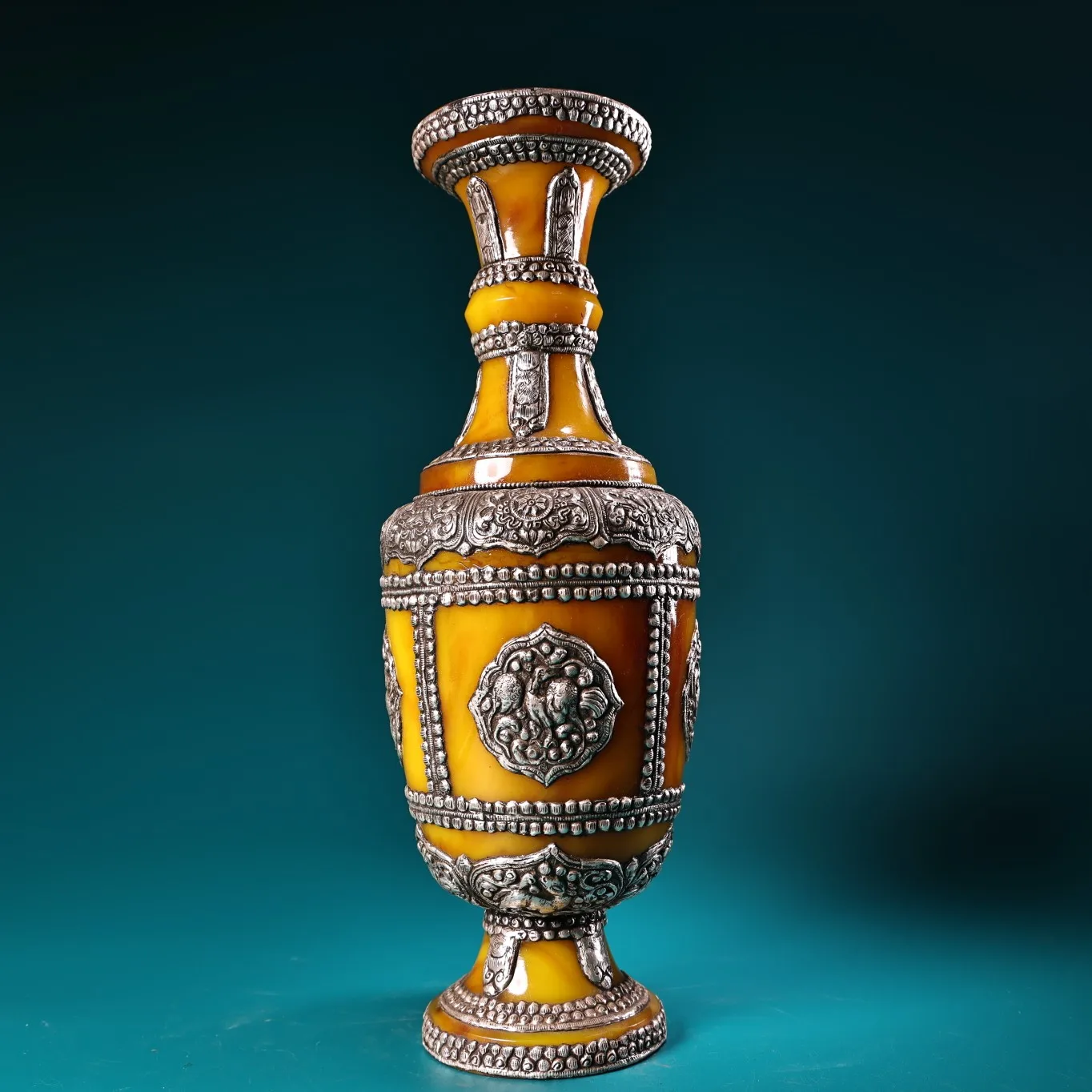 

13"Tibet Temple Collection Old Beeswax Mosaic Gem Turquoise Tibetan silver Auspicious Eight Treasures Vase A Pair Worship Hall