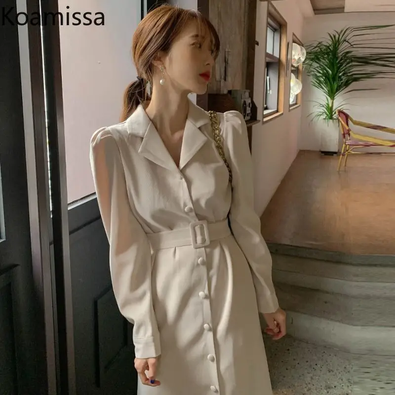 Koamissa Elegant Women Long Sleeve Blazer Dress 2022 Spring Solid Notched Long Dress Belted Lady Single-breasted Slim Vestidos