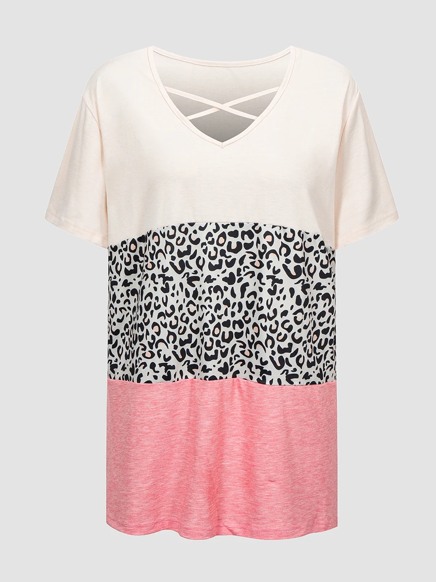 

Finjani Criss Cross Front Neck Spliced Tee Summer Women Print Short Sleeved 2022 Fashion Casual Women Plus Size Tops