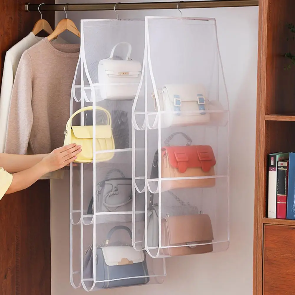 

Dustproof Clear Hook Design Handbag Organizer 6/8 Pockets Hanging Purse Handbag Holder Reusable Household Supplies