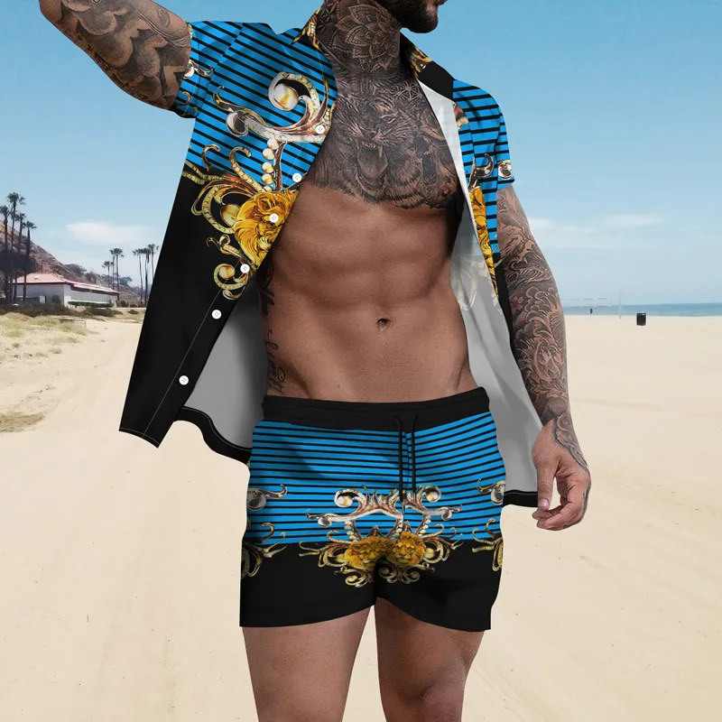 

Летняя мужская Повседневная рубашка для отпуска + пляжные шорты с тросой, Одинаковая одежда, 3D фирменный принт в стиле Харадзюку, Мужская забавная одежда в стиле хип-хоп стандартного размера