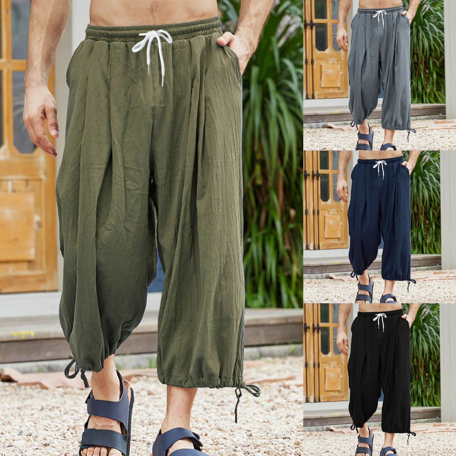 

Male Casual Solid Cropped Pants Drawstring Pocket Lace Up Hem Pant Loose Trouser Legs Trousers Fashion Pantalones Hombres