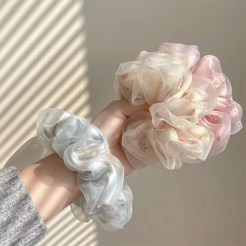 

Fashion Flower Print Double Layer Silk Organza Hair Scrunchies Women Big Hair Rope Retro Ponytail Hair Band Elastic Hair Tie