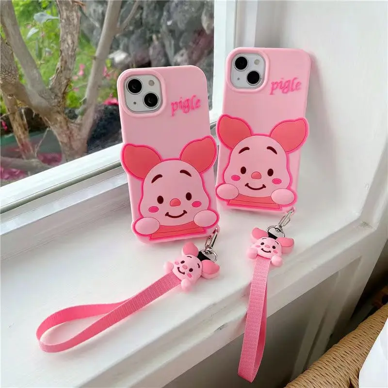 

3D Cute Disney Winnie The Pooh Pigle Phone Case For Iphone 11 12 13 Pro Max X Xs Xr 7 8 Plus SE 2020 silicone With Lanyard Cover