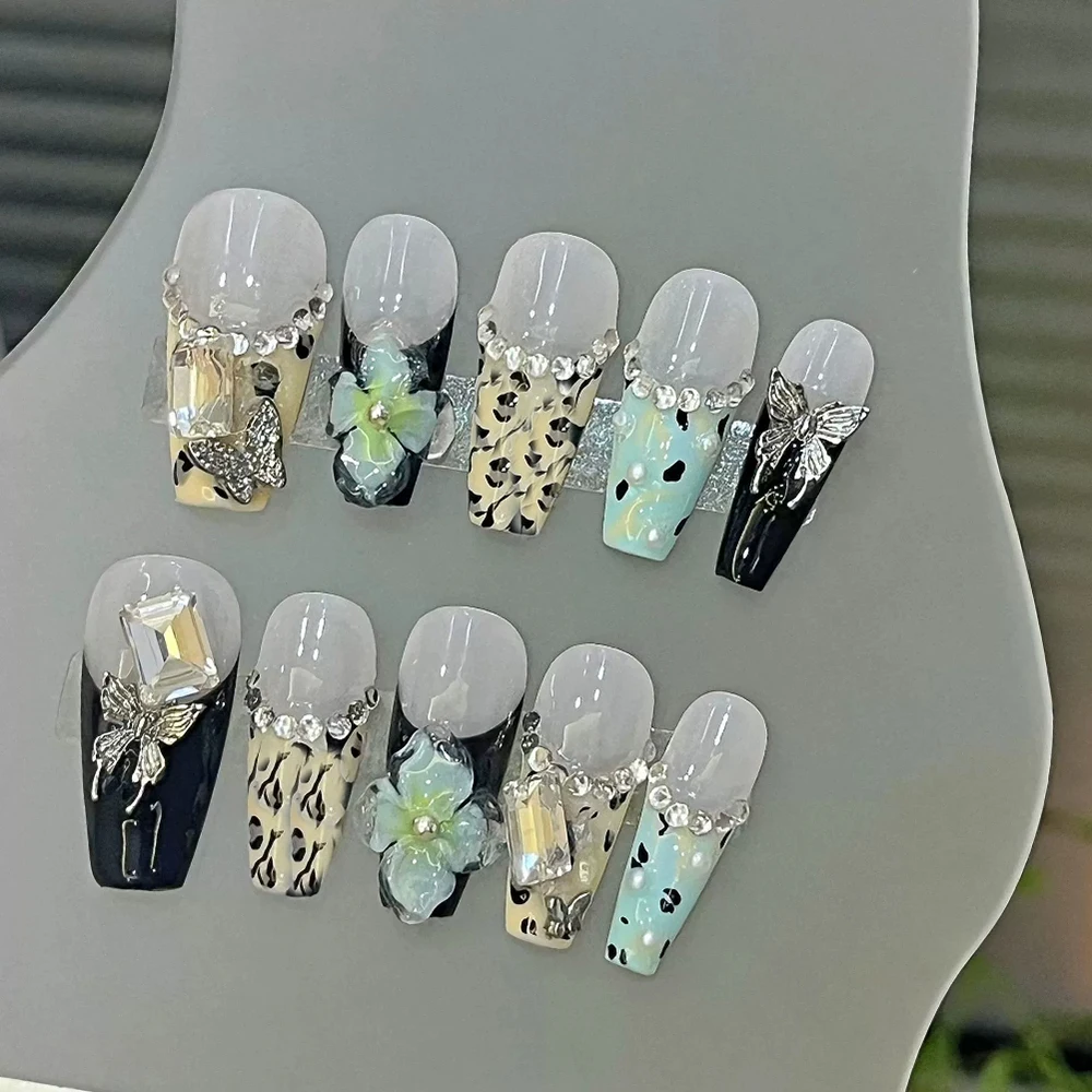 

Носимые ногти MINISO, сладкий крутой, 3D цветок, змея, серебряный зеркальный порошок