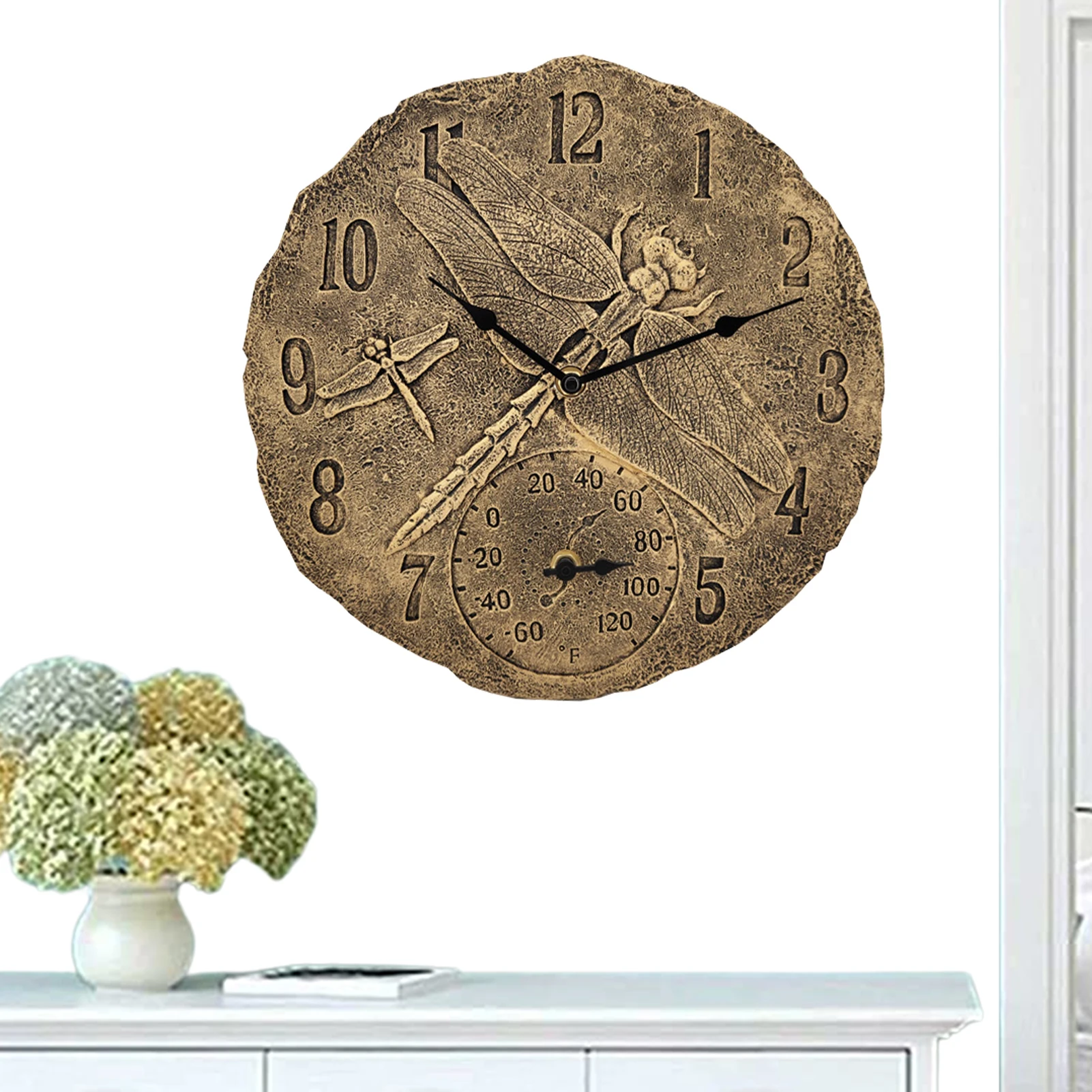 

Outdoor Wall Clock For Garden Outdoor Indoor Resin Clock With Waterproof Movement Thermometer Vintage Resin Wall-Mounted Clock