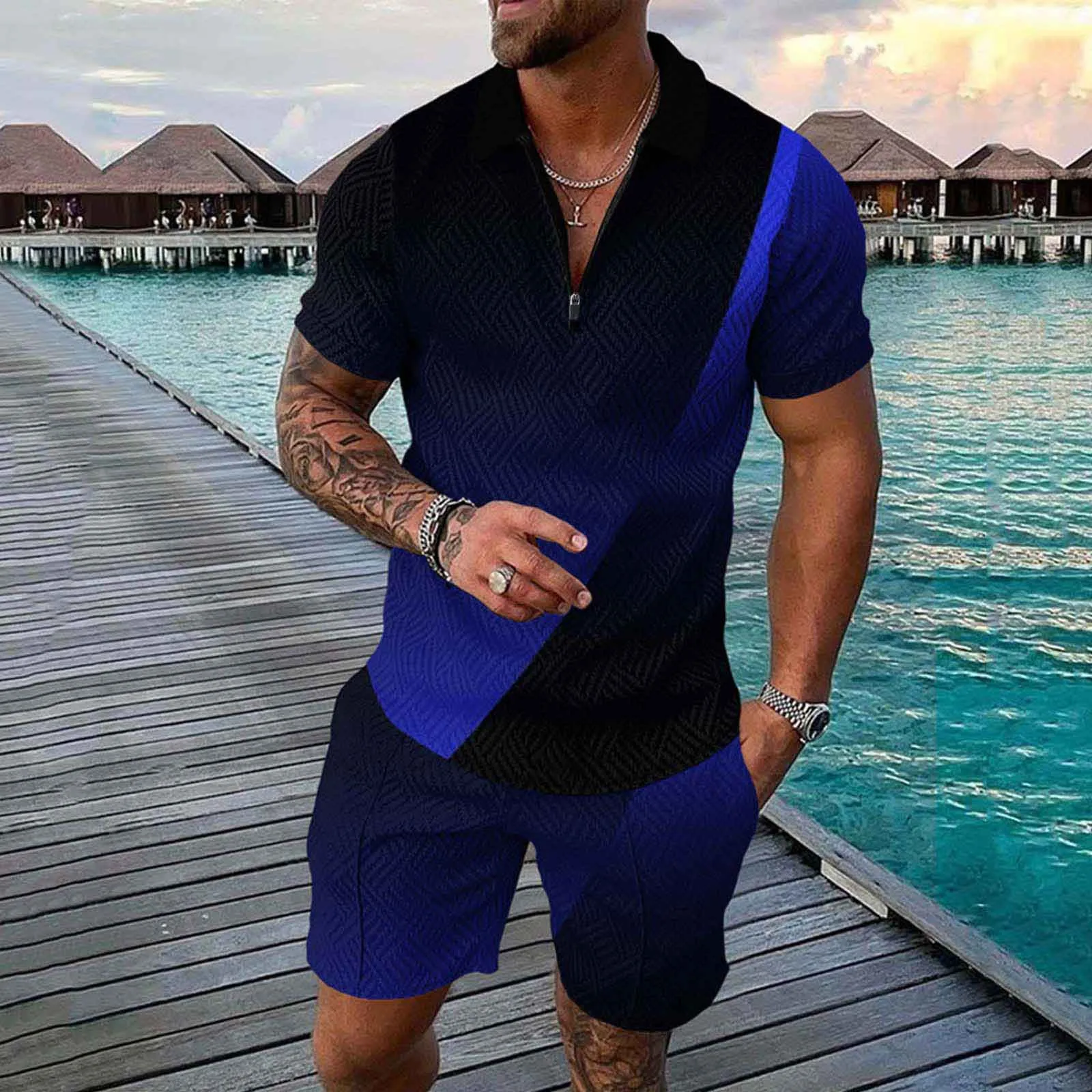 

Male Summer Casual Print Zipper Turn Down Collar Blouse Short Sleeve Tops Shirt Shorts Outfits Dress Suits for Men Slim Fit