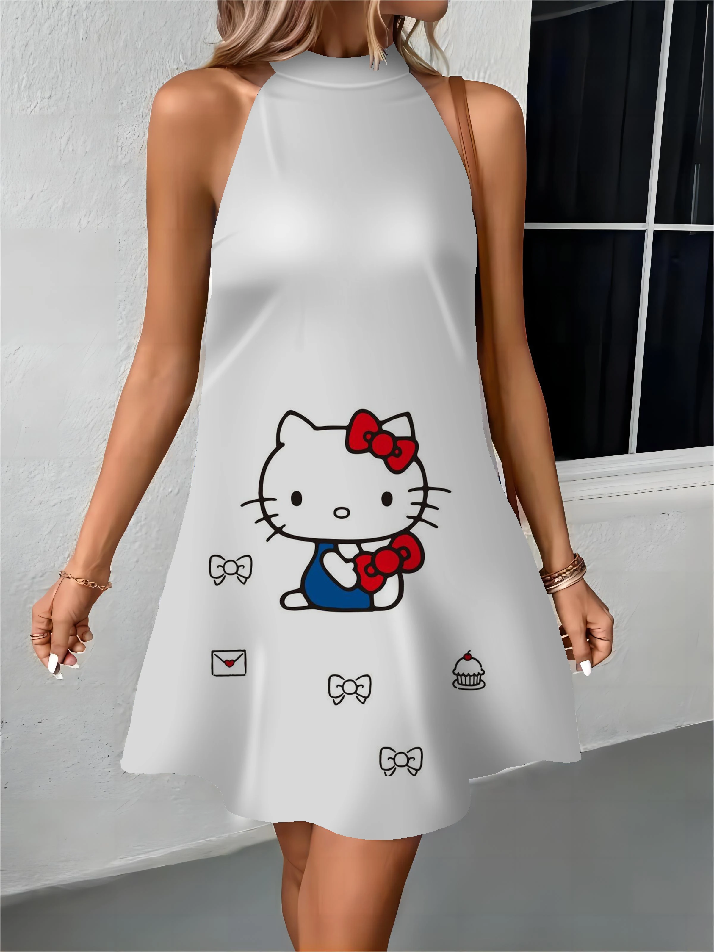 Robe de Plage Élégante avec Nminist потелы d Décolmétrage pour Femme Tablier Hello Kitty à la Mode ix Soirée Été 2024