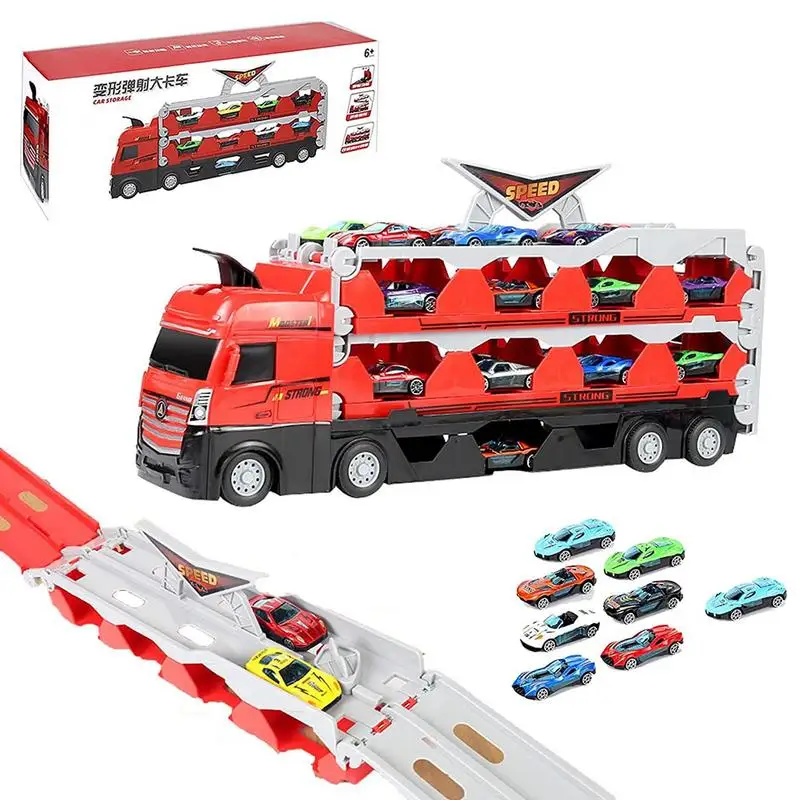 

Mega Hauler Truck Mini Racing Cars Truck With Ejection Race Track Car Transporter Truck Toy Set With Storage Race Track