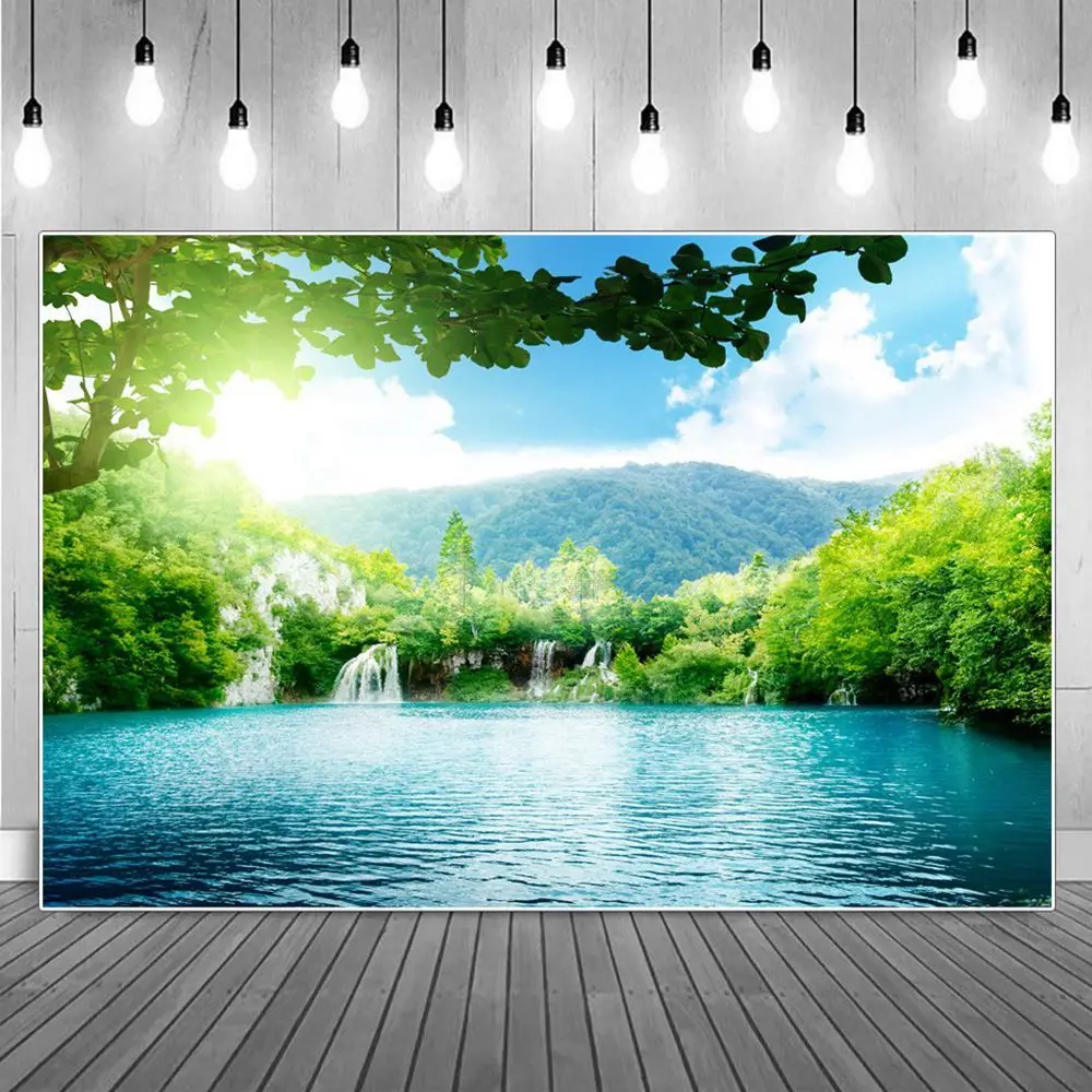 

Mountains Lake Waterfall Scenery Birthday Party Decoration Photography Backdrops Nature Green Forest Landscape Backgrounds Props