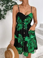 tropical print fake button shirred back cami dress