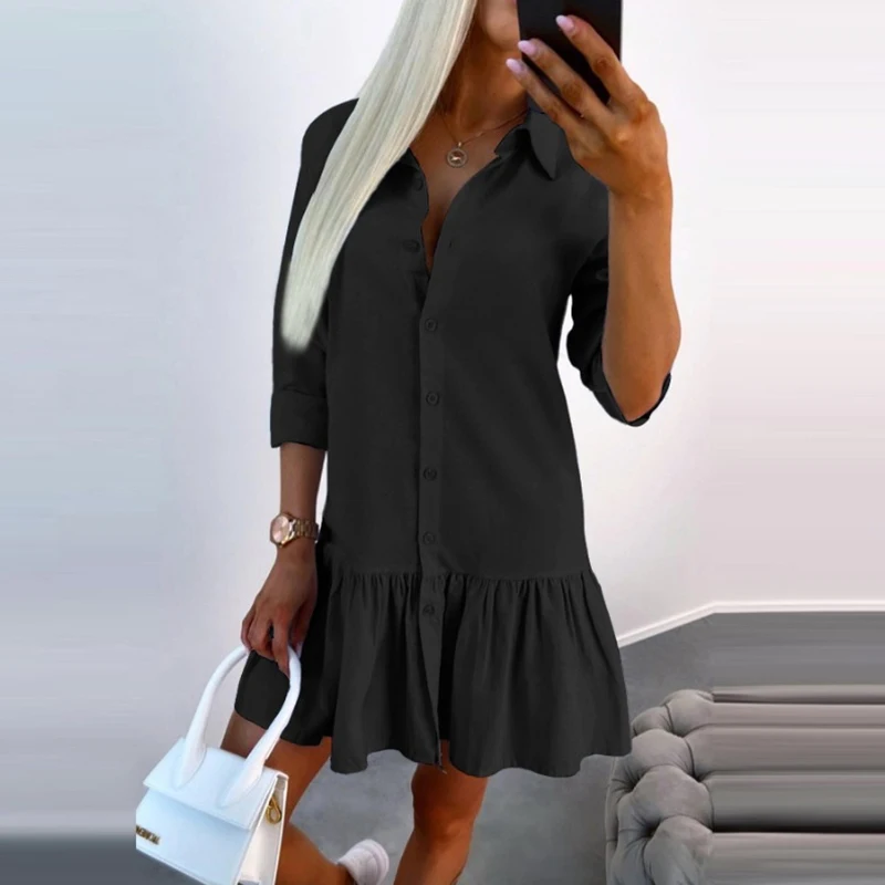 

Винтажное лоскутное приталенное платье, Осеннее повседневное однобортное Плиссированное Платье-рубашка, офисное женское платье-трапеция с отложным воротником и длинными рукавами