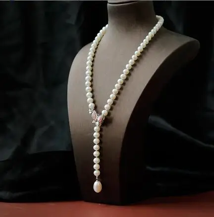 

7-8 мм Ожерелье из натурального пресноводного белого жемчуга в южноморском стиле с застежкой-бабочкой